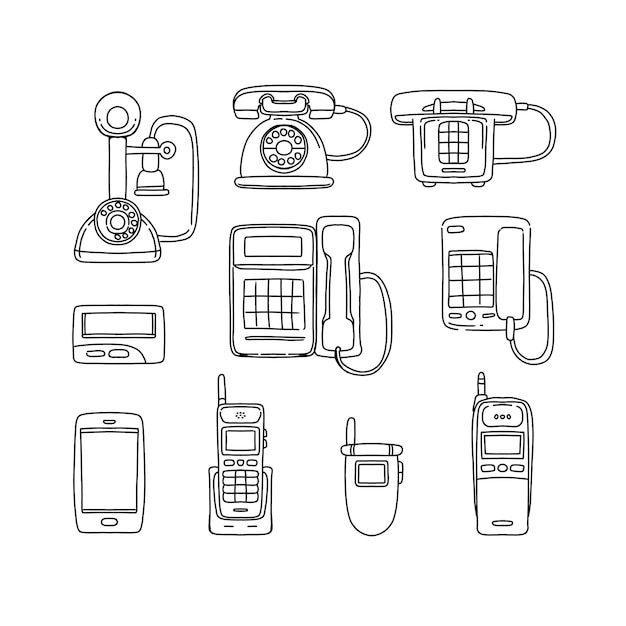 Vector telefoon en smartphone hand getrokken doodle illustraties vector set