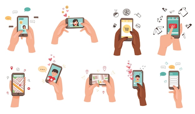 Telefoon in de hand SMS-berichten Video's bekijken Aankopen met behulp van Internet Vector Set