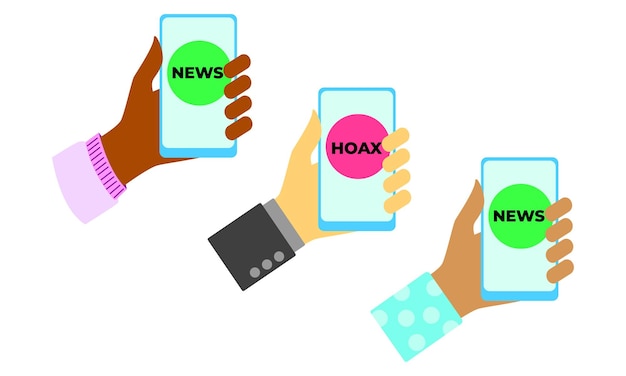 Telefoon vasthouden met hoax nieuws platte vector pictogram illustratie ontwerpelement