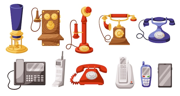 Telefoonevolutie telefoongeschiedenis van uitvinding tot moderne oude vintage telefoon en smartphone gadget cartoon vector set