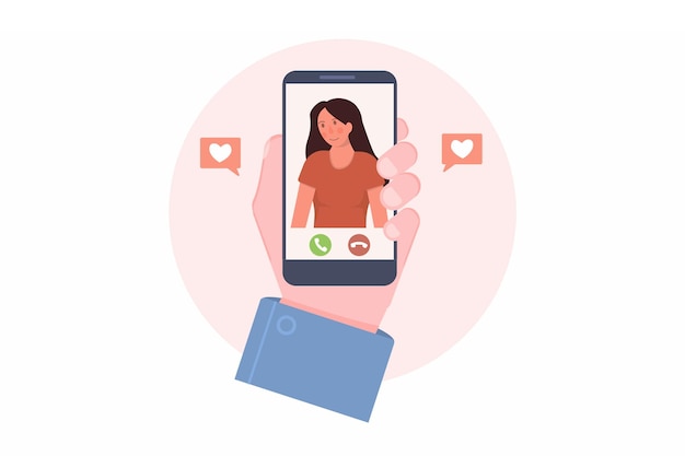 Telefoongesprek naar vriendin mobiel in de hand met meisje op scherm concept van dating-app of videochat