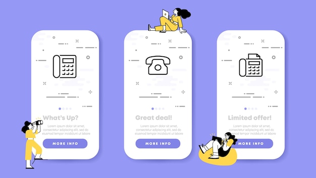 Telefoonpictogram ingesteld Vast stationair werken Faxapparaat Oproepconcept UI-telefoonapp-schermen met mensen Vectorlijnpictogram voor zaken en reclame