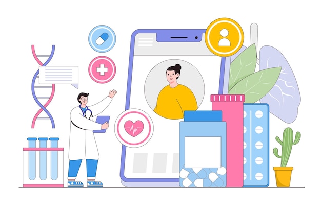 Telegeneeskunde concept met mensenkarakters Patiënt raadplegende arts die online technologie gebruikt via smartphone-app Minimale vectorillustratie in schetsontwerpstijl voor bestemmingspagina