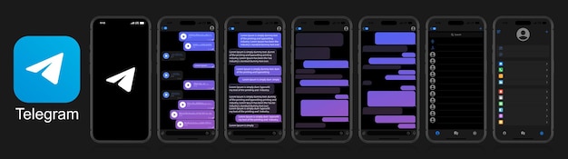 Telegram mockup op een zwarte achtergrond telegram op het sociale media scherm social network interface template telegram fotoram stemberichten en chats op het iphone scherm