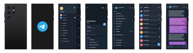Telegram mockup in Samsung galaxy s23 ultra Telegram logo Set telegram screen social media and social network interface template Dark theme Telegram button Vector illustration Editorial