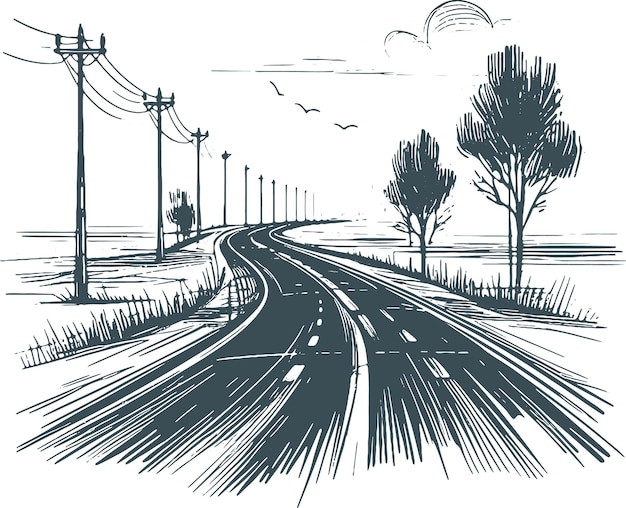 Vector telegraph poles standing along the road stretching to the horizon simple vector monochrome drawing