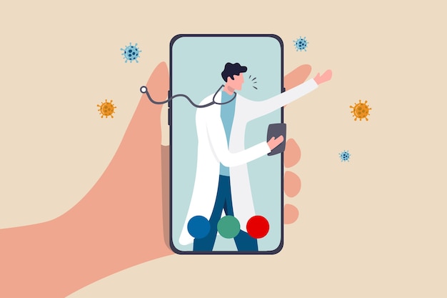 Telehealth gezondheidszorg technologie arts kan een diagnose stellen en de patiënt helpen via een mobiele telefoon of een teleconferentieconcept, de hand van de patiënt draagt een mobiele applicatie met een arts, de arts diagnosticeert het virussymptoom.