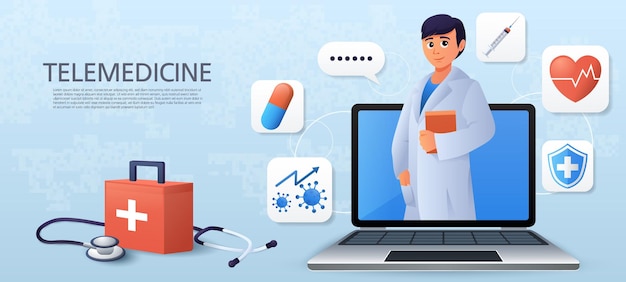 telemedicine doctor is consulting with patient by online internet copy space at left side vector