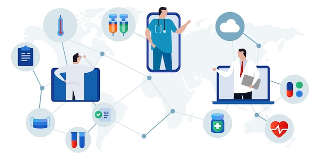 Vector telemedicine e-gezondheid telegezondheid online artsenconsultatie met behulp van digitale online internetapparaat zoals smartphone om gezondheidszorg te diagnosticeren