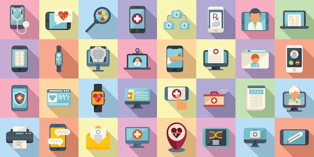 Telemedicine icons set flat vector. Remote doctor. App screen