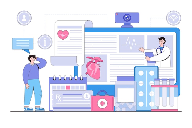 Servizio medico e sanitario medico online di telemedicina online per il concetto di pazienti consultazione via internet con il medico illustrazione vettoriale minima in stile design contorno per landing page