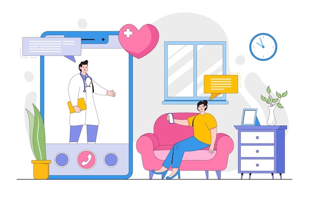 Vector telemedicine and telehealth concept with people character woman video call with her online doctor outline design style minimal vector illustration for landing page web banner hero images