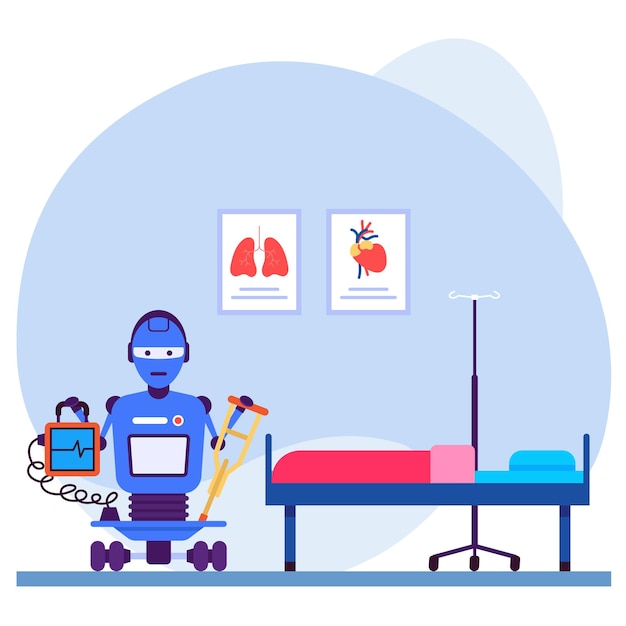 Vector teleoperated robots concept, bot with walking sticks and ecg machine vector, healthcare scene