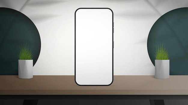 Vector a telephone with a white screen stands on a wooden table white room with stylish design ready banner for your advertisement vector illustration