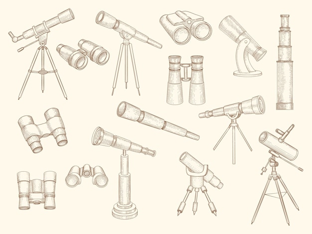 Telescope hand drawn. retro gadgets for explorer people military optic binoculars vector doodle pictures. telescope for school education, spyglass equipment illustration