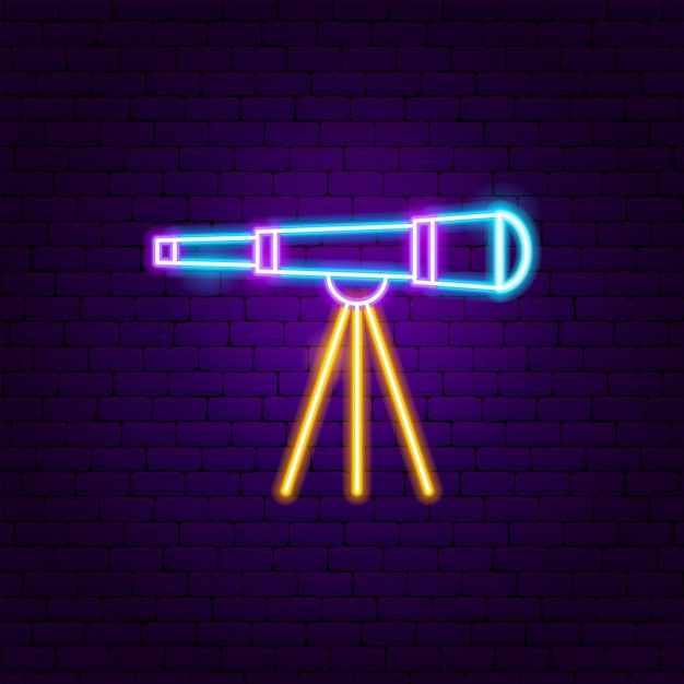 Telescope neon label. vector illustration of science promotion.