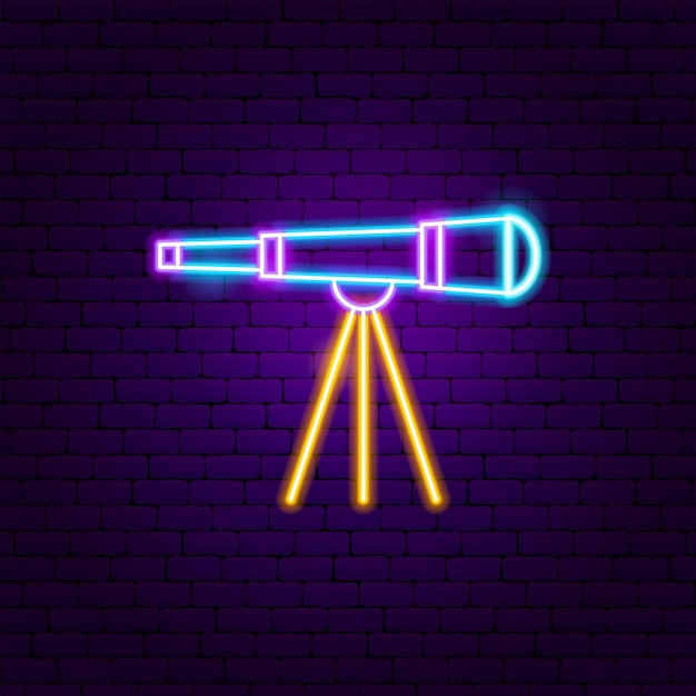 telescope neon label. vector illustration of science promotion.