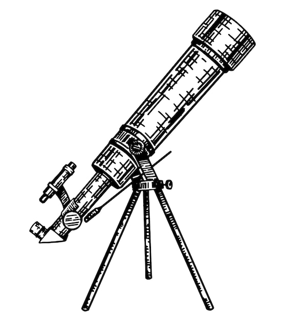Telescopio sullo schizzo del treppiede attrezzatura astronomica strumento scientifico contorno clip art illustrazione vettoriale disegnata a mano isolata su bianco