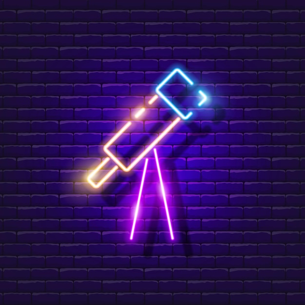 telescope with neon sign astronomy lesson light icon vector illustration for design space concept