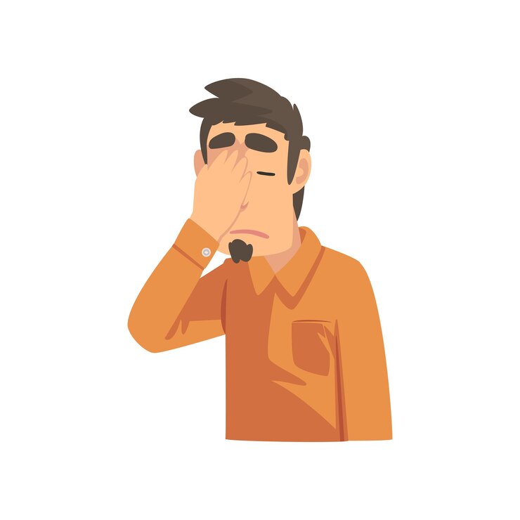 Vector teleurgestelde jonge man die zijn gezicht met zijn hand bedekt man die facepalm gebaar maakt schaamte hoofdpijn teleurstelling negatieve emotie vector illustratie op witte achtergrond