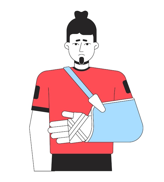 teleurgestelde man met gebroken arm platte lijn kleur vector karakter bewerkbare omtrek halve lichaam man met verbanden pols op wit eenvoudige cartoon spot illustratie voor web grafisch ontwerp