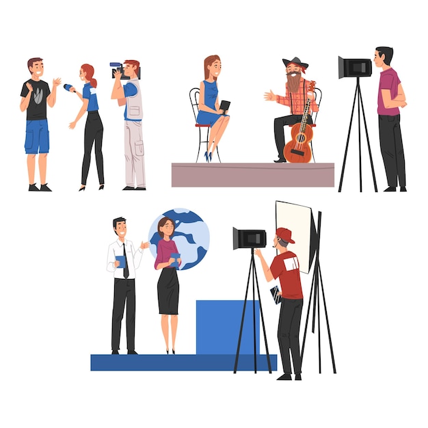 television industry journalists taking interview and cameramen shooting with video camera cartoon style vector illustration
