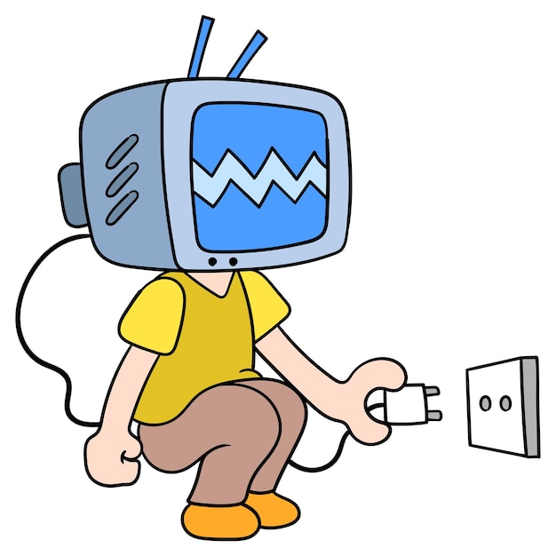 Телевизор ищет источник питания для подключения вилки, векторные иллюстрации. каракули изображение значка каваи.
