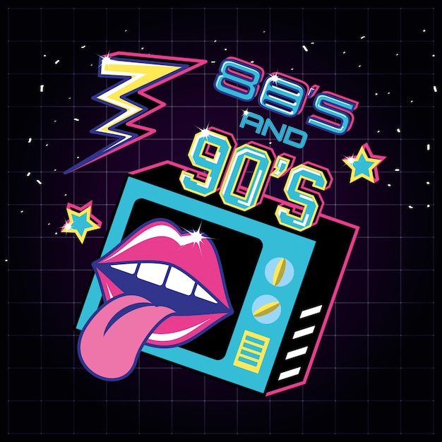 Vector televisor with icons of eighties and nineties retro