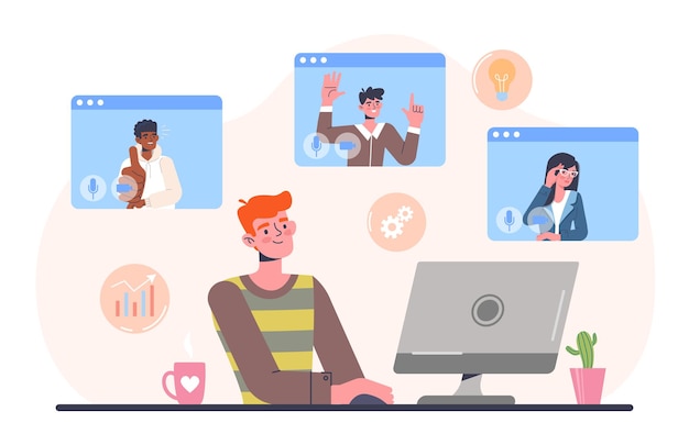 Telewerkconcept de man zit thuis en communiceert met collega's via videolink