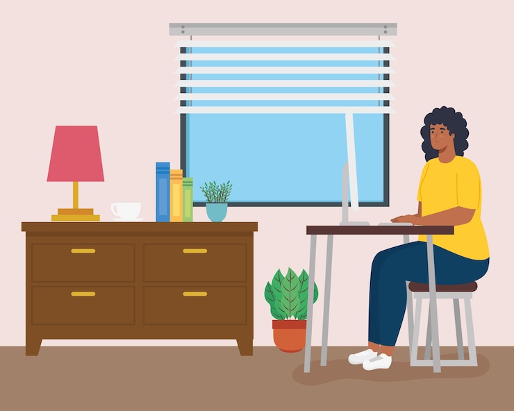 Vector telework, woman afro working from home.