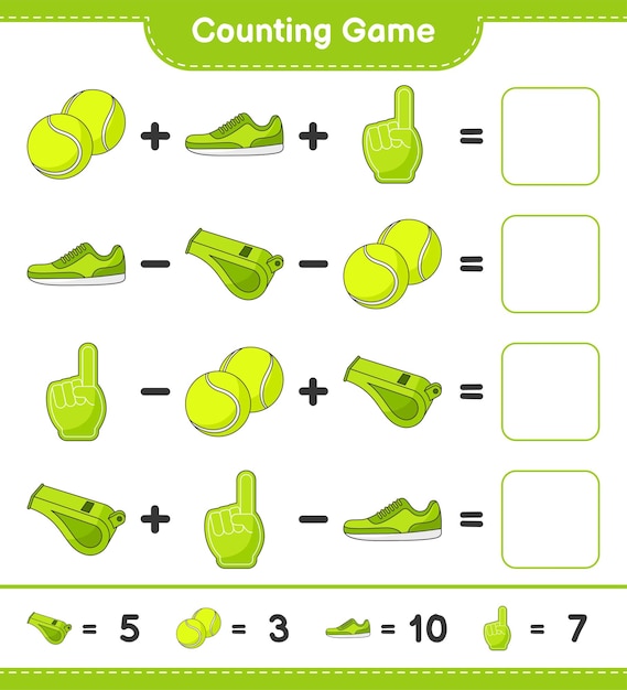 Tellen en match tellen het aantal Foam Finger Whistle Tennis Ball Sneaker en match met de juiste nummers Educatief kinderen spel afdrukbare werkblad vectorillustratie