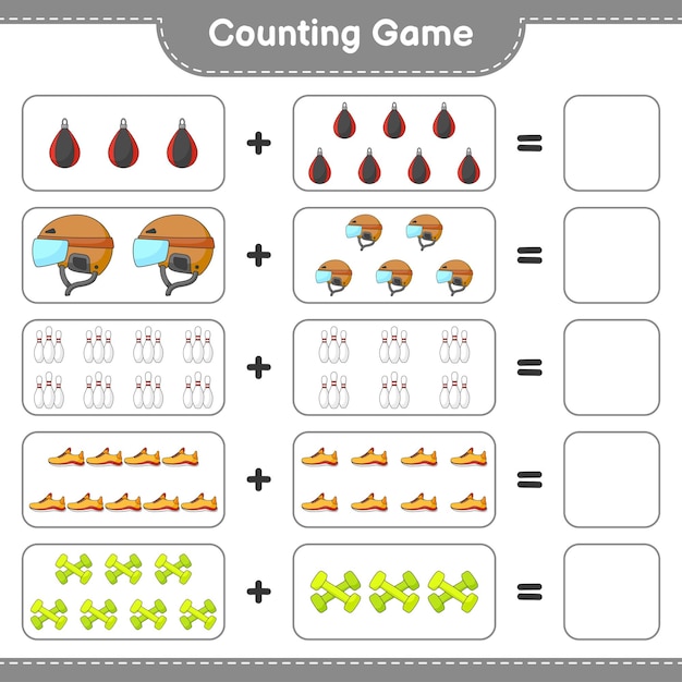 Tellen en match tellen het aantal hockey helm loopschoenen bowling pin halter bokszak en match met de juiste nummers educatief kinderen spel afdrukbare werkblad vectorillustratie