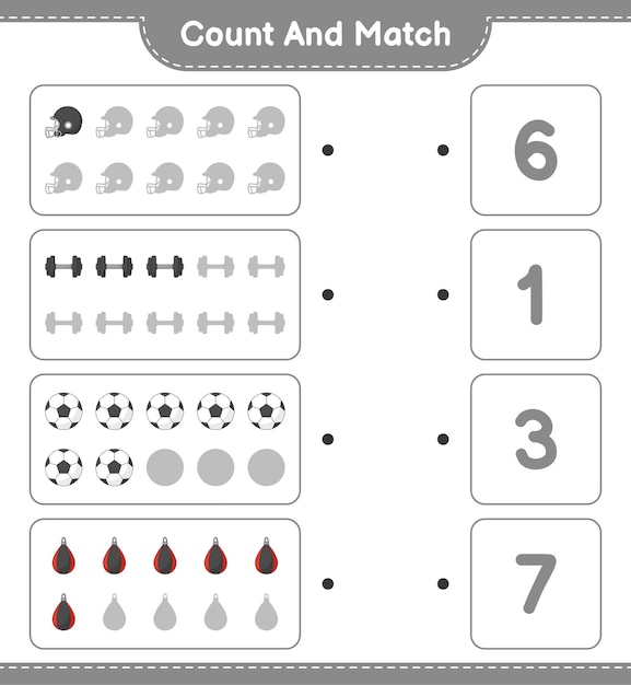 Tellen en match tellen het aantal voetbal voetbal helm halter bokszak en match met de juiste nummers educatief kinderen spel afdrukbare werkblad vectorillustratie