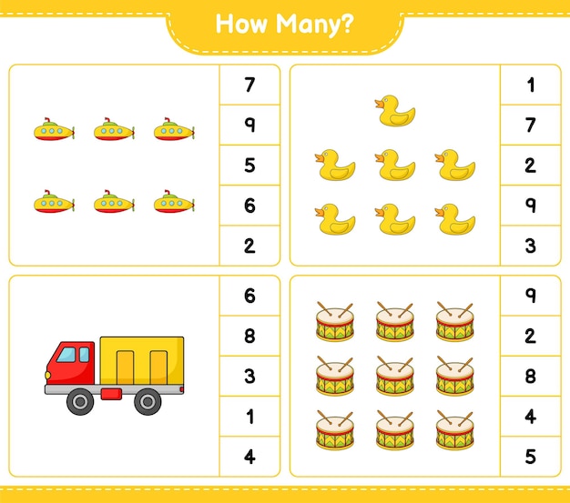 Tellen spel hoeveel onderzeeër rubberen eend vrachtwagen en trommel educatieve kinderen spel afdrukbare werkblad vectorillustratie