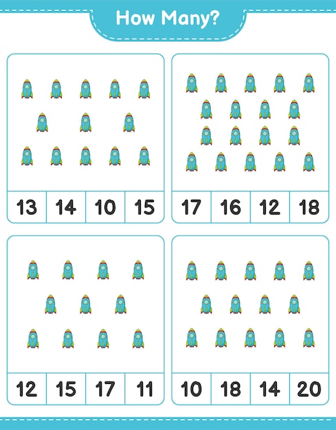 Tellen spel hoeveel Rocket Educatief kinderen spel afdrukbare werkblad vectorillustratie