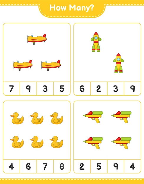 Tellen spel hoeveel vliegtuig raket rubberen eend en waterpistool educatieve kinderen spel afdrukbare werkblad vectorillustratie