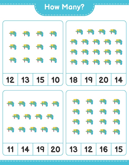 Tellen spel hoeveel Water Gun Educatief kinderen spel afdrukbare werkblad vectorillustratie