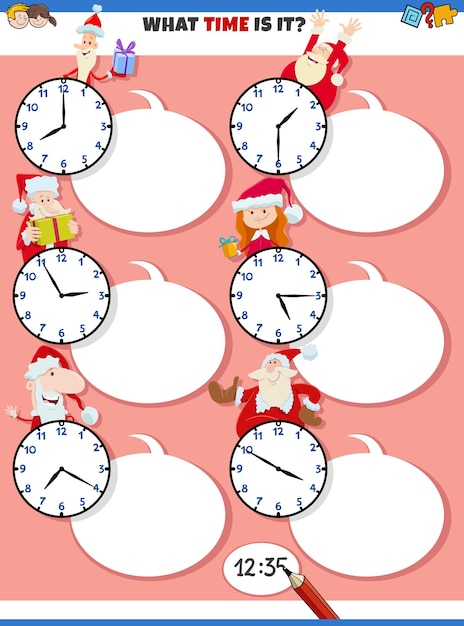 Telling time educational task with cartoon Christmas characters