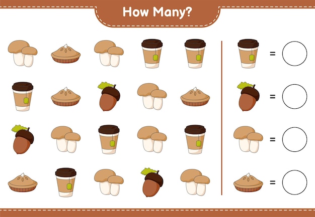 Telspel, hoeveel Acorn, Tea Cup, Pie en Mushroom Boletus. Educatief kinderspel, afdrukbaar werkblad, vectorillustratie