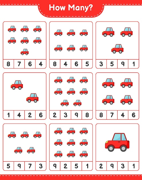 Telspel hoeveel auto Educatief kinderen spel afdrukbaar werkblad vectorillustratie