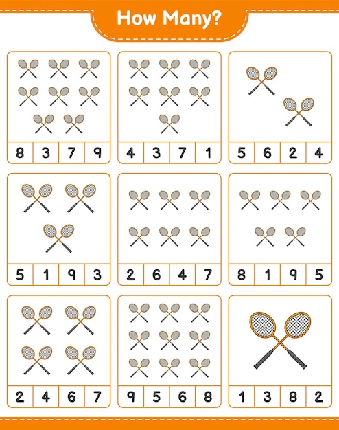Telspel hoeveel badmintonrackets Educatief kinderspel afdrukbaar werkblad