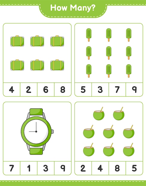 Telspel, hoeveel bagage, kokosnoot, ijs en horloges. Educatief spel voor kinderen, afdrukbaar werkblad