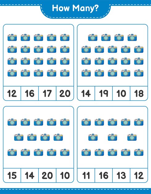 Telspel, hoeveel camera. educatief spel voor kinderen, afdrukbaar werkblad