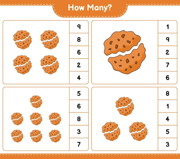 Telspel, hoeveel Cookie. Educatief kinderspel, afdrukbaar werkblad, vectorillustratie