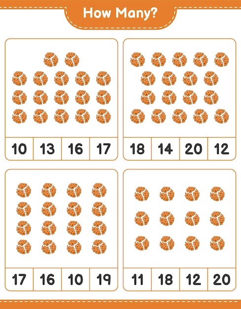 Telspel, hoeveel Cookie. Educatief kinderspel, afdrukbaar werkblad, vectorillustratie