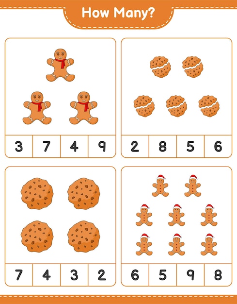 Telspel, hoeveel Cookies en Gingerbread Man. Educatief kinderspel, afdrukbaar werkblad, vectorillustratie