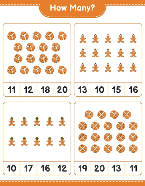 Telspel, hoeveel Cookies en Gingerbread Man. Educatief kinderspel, afdrukbaar werkblad, vectorillustratie