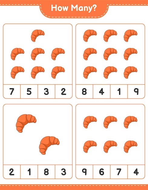 Telspel, hoeveel croissant. educatief kinderspel, afdrukbaar werkblad, vectorillustratie