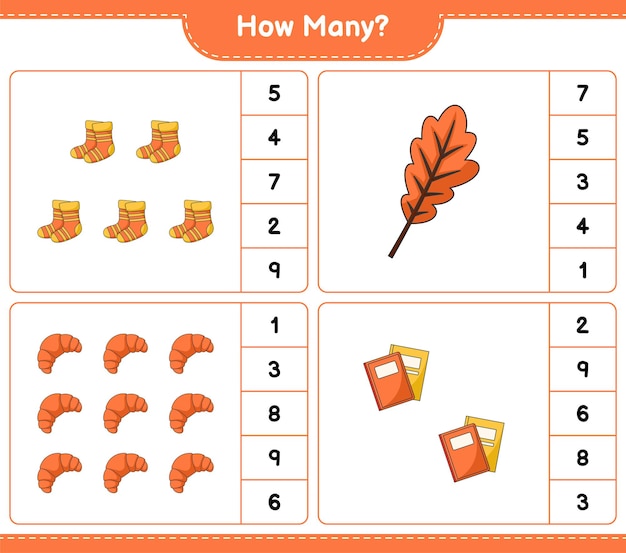 Telspel, hoeveel Eikenblad, Sokken, Boek en Croissant. Educatief kinderspel, afdrukbaar werkblad, vectorillustratie