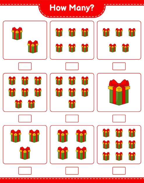 Telspel, hoeveel geschenkdoos. Educatief kinderspel, afdrukbaar werkblad, vectorillustratie